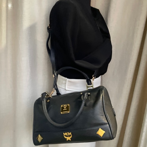 EUC- MCM Black Leather Gold Studded Boston Bag w/ unbranded xbody strap - Picture 1 of 16